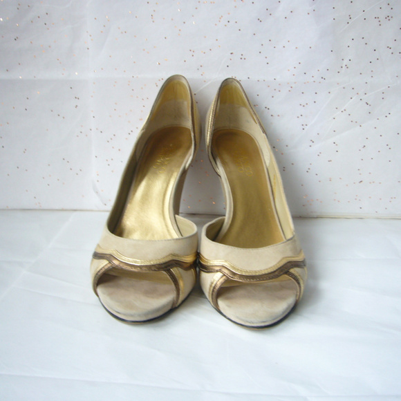 Franco Sarto Beige Gold d'Orsay Peep Toe Pump Great Gatsby Deco  8 Event Party - Picture 3 of 8